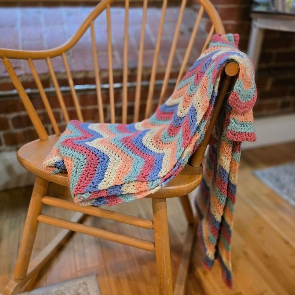Vintage Chunky Knit Afghan Chevron Crochet Blanket Pastel Colorful 75"x58"